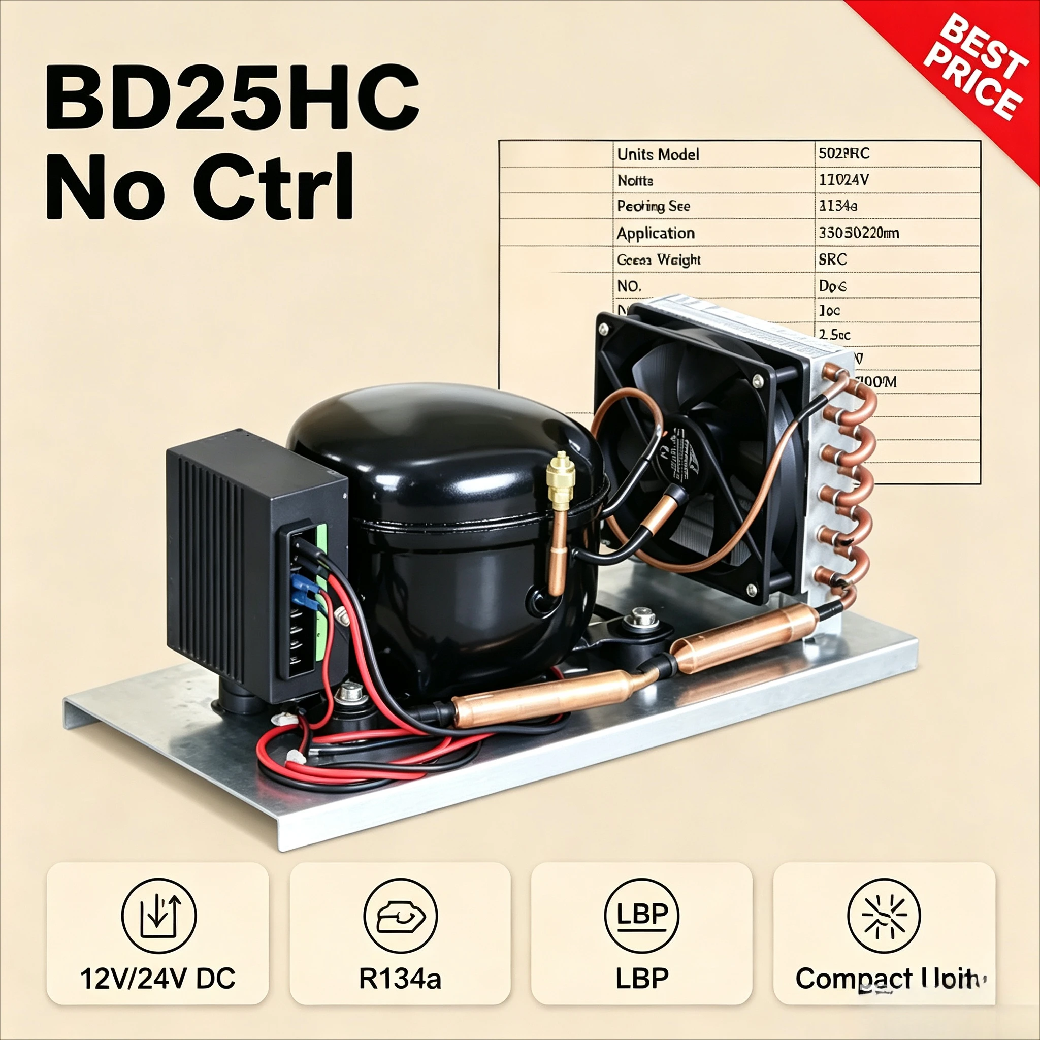 BD25HC DC Condensing Unit 12V/24V R134a Mini Refrigeration Compressor for RV Car Solar Marine Freezer