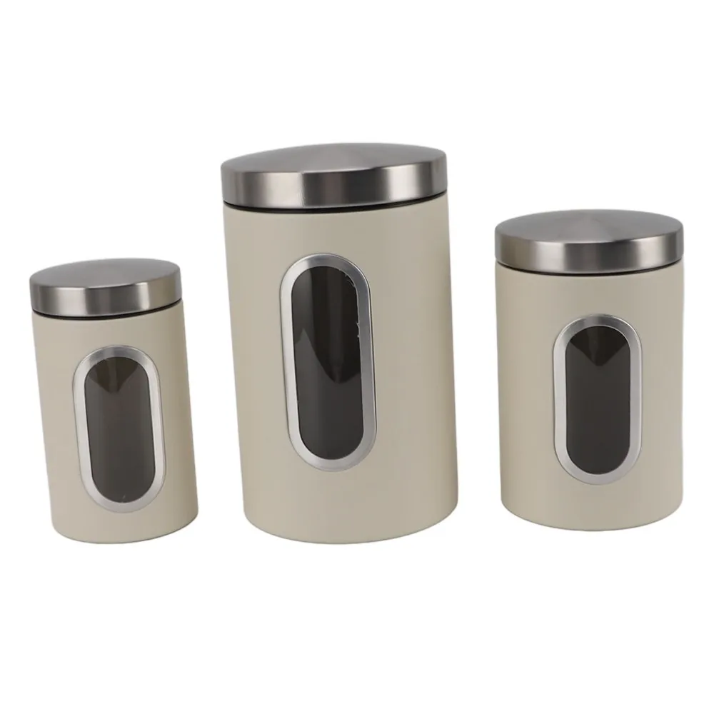 3PCS Practical Iron Kitchen Canisters Set s/m/l Beige/Black Food Storage Jars Coffee Canister Set Bar Storage