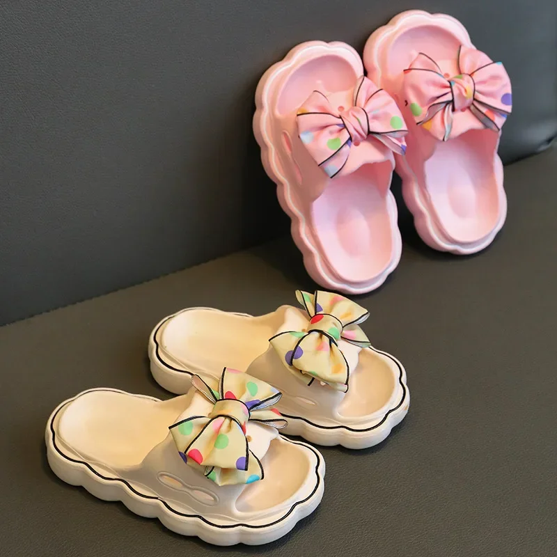 Children Slippers Girls Wearing Soft Soled Slippers Outside Cute Bow Anti Slip Bathroom Slippers Contrast Color Kid Slippers