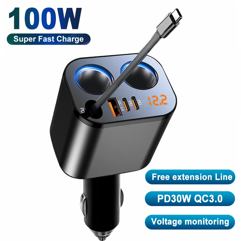 100W 6-in-1 Auto-Ladegerät Splitter PD30W QC3.0 Zigarettenanzünder-Adapter Auto-Zigarettenanzünder-Buchsen-Splitter mit Voltanzeige – Detail 4