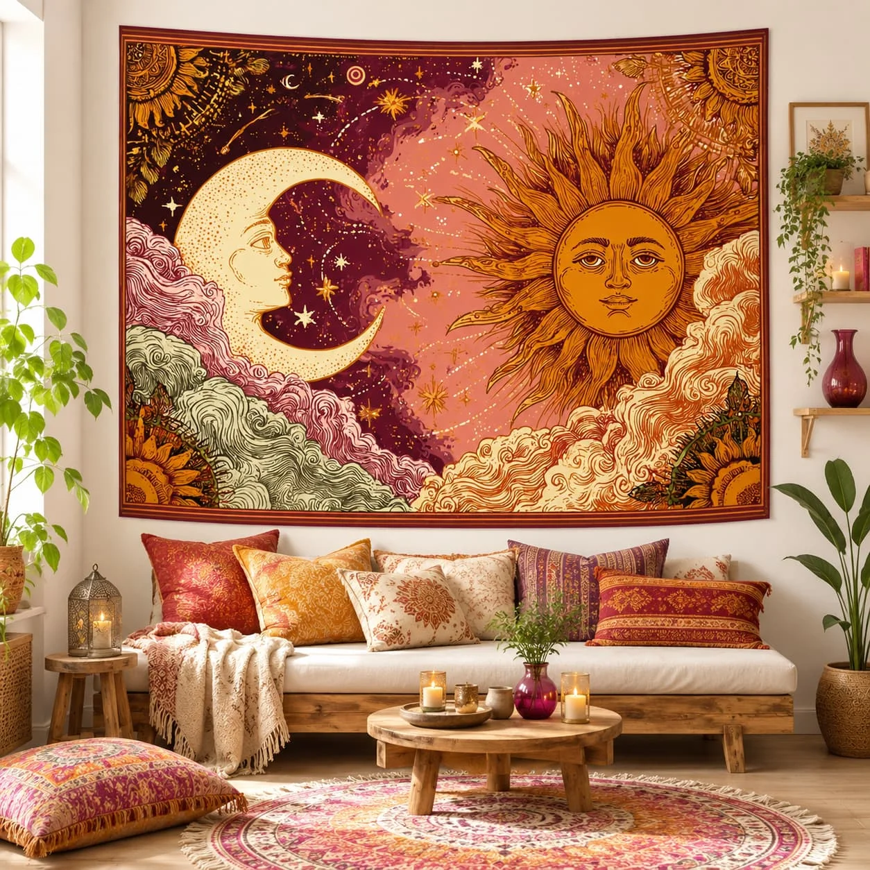 Sun and Moon Tapestry Retro Bohemian Wall Hanging Sun and Moon Shine Starry Fantasy Realm Tapestry Wall Art Wall Decor, Suitable for Living Room Bedroom Dorm Decor Home Decor Wall Hanging, Home Decoration, Celestial Design, Bohemian Style