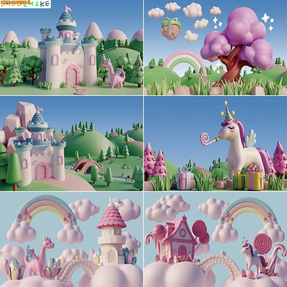 

Cartoon Castle Clouds Photography Backdrops Newborn Baby Portrait Photobooth Backgrounds Photo Studio Shooting Props