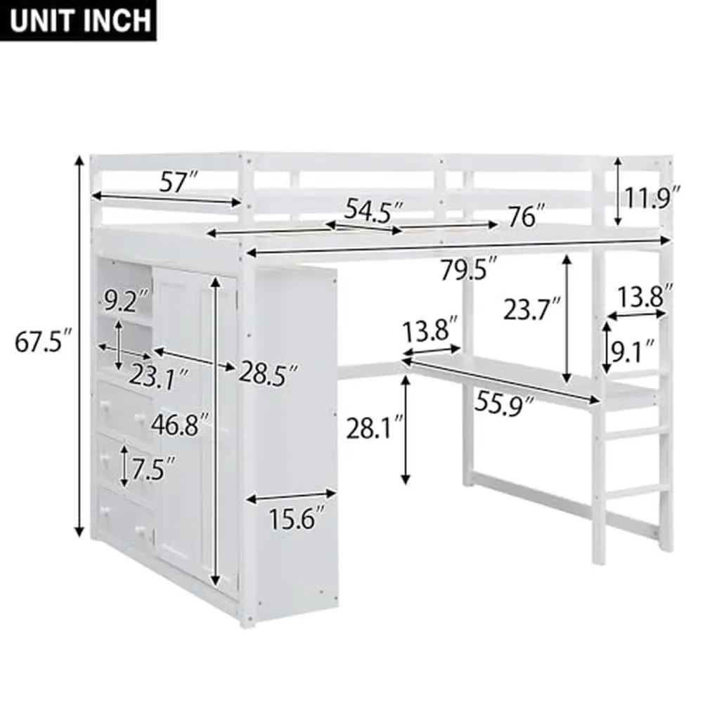 Full Size Loft Bed with Wardrobe Desk Storage Shelves Drawers Solid Wood Frame White Modern Design 79.5