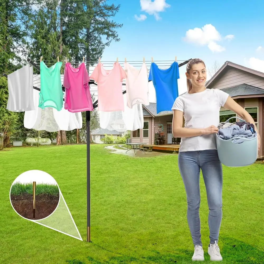 Adjustable Outdoor Clothes Drying Rack with 12 Lines and 4 Arms for 165 Feet Drying Space