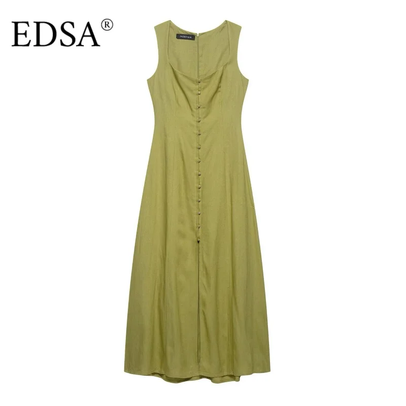 EDSA Damen Vintage-Midikleid aus Leinen, quadratischer Ausschnitt, ärmellos, geteilter Saum, Reißverschluss hinten, langes Kleid für Party