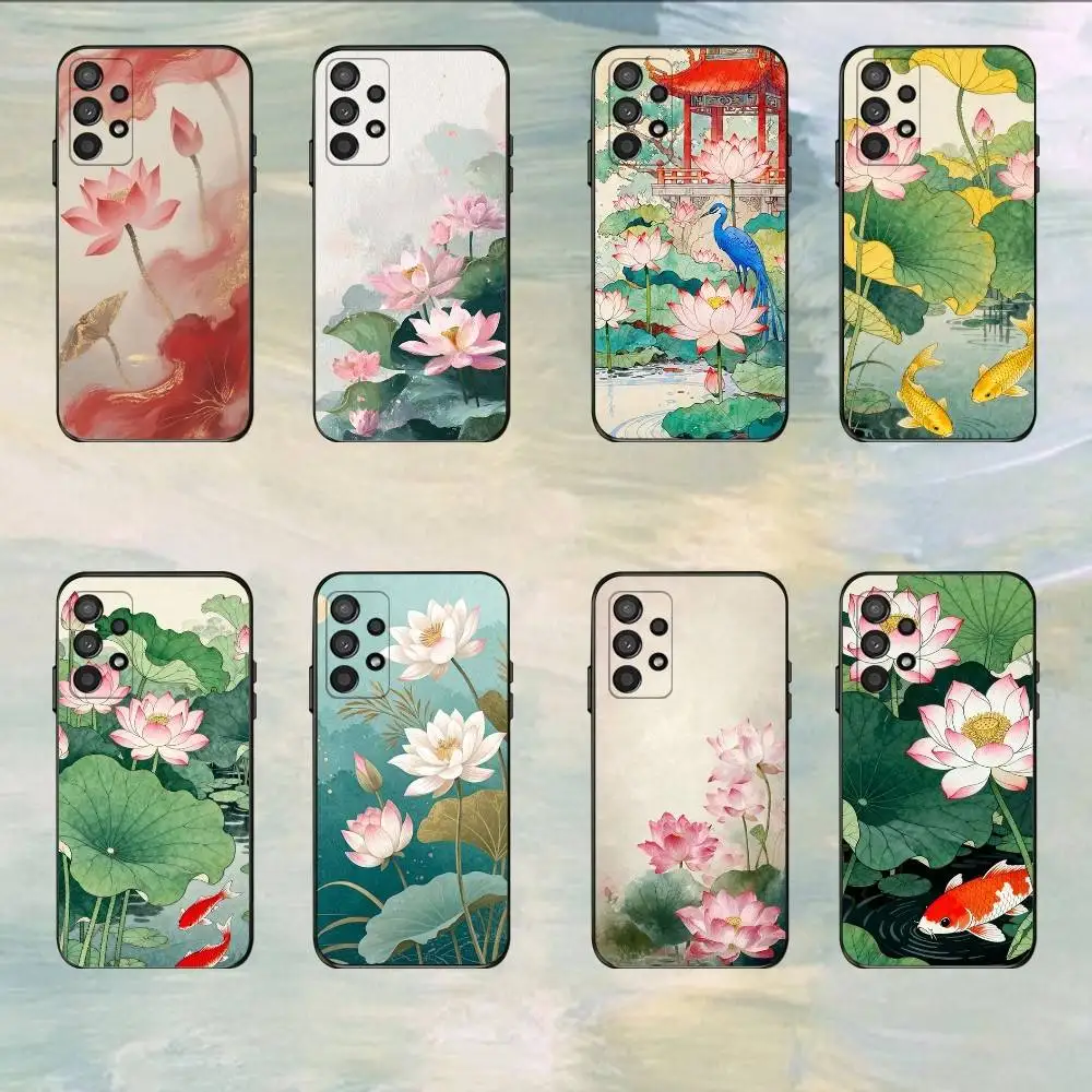 

Five Golden Lotus Pattern Phone Case For Samsung S25,S24,S21,S22,S23,S30,Ultra,S20,Plus,Fe,Lite,5G Black Cover