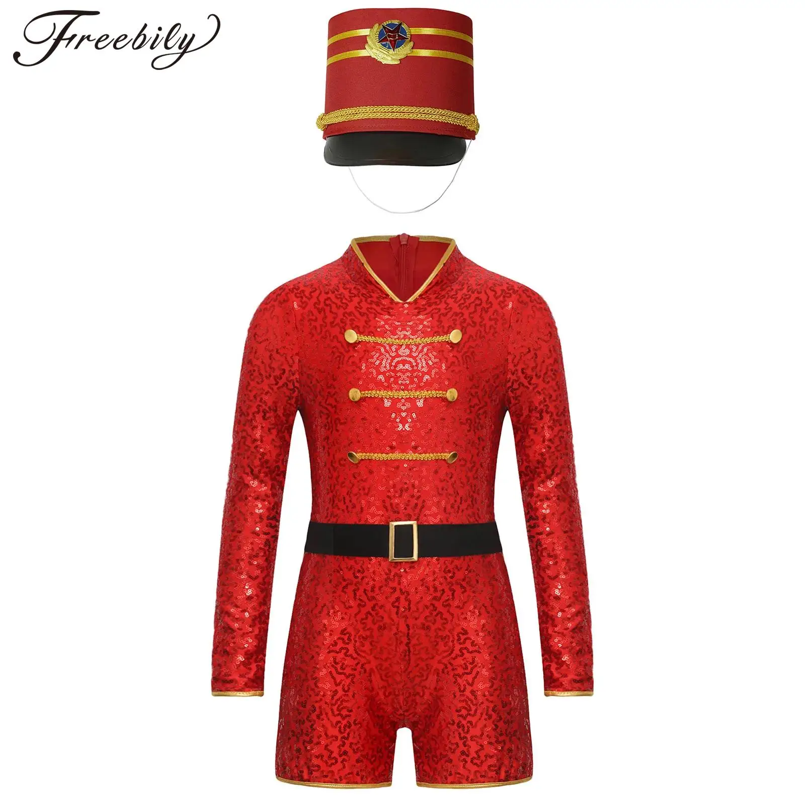 Girls Circus Ringmaster Cosplay Costume Marching Band Honor Guard Parade Clothes Long Sleeve Sequins Jumpsuit with Belt Hat