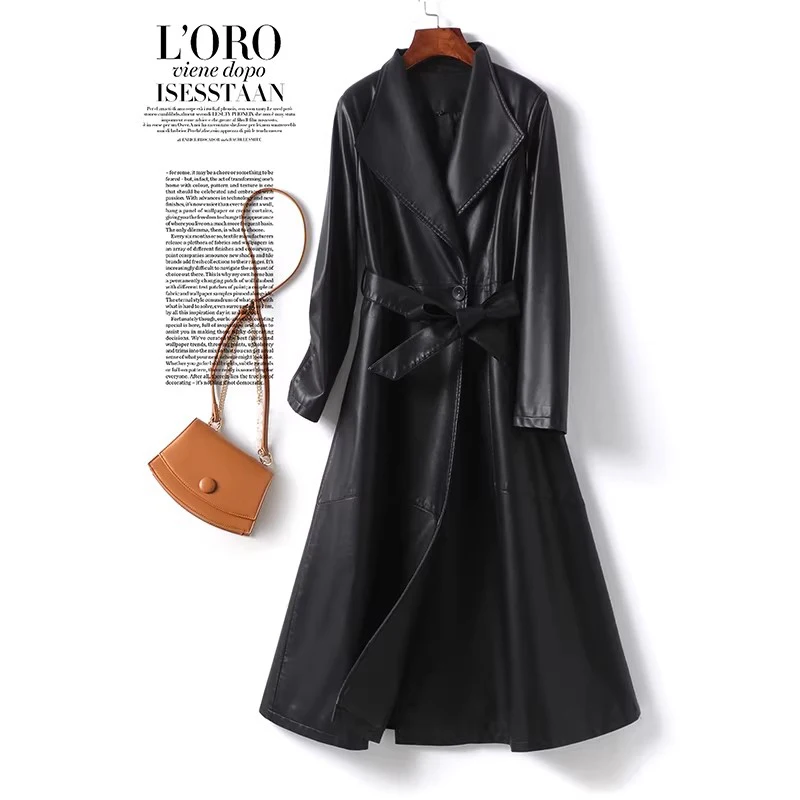 

New Women Split Leather Long Coat Spring Autumn Fashion Turn-down Collar Slim Waist Leather Trench Coat Casual Daily Coat