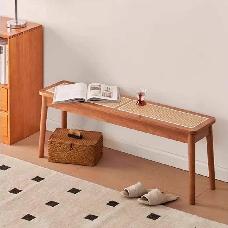 Solid Wood Shoe Bench Multi-Functional Hallway Ottoman Middle Ancient Style Bedroom Long Seat Rattan Weave Changing Shoe Stools