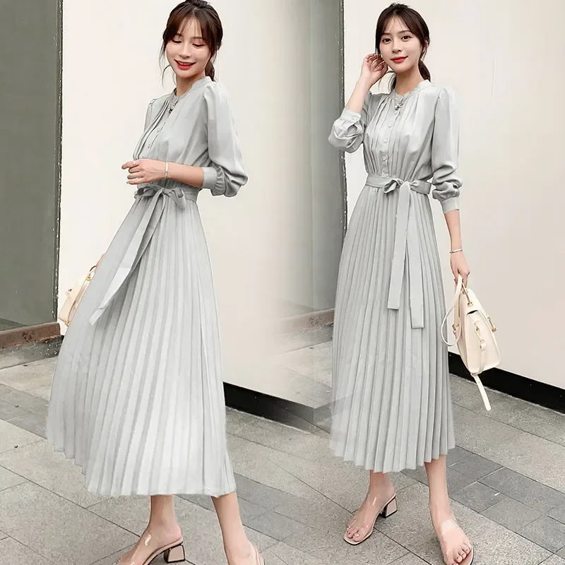 

Spring and Autumn New Slim Fit, Waist Tight, Satin Wrap Blouse & Pleated Jumper SS24 Women Top Strap Dress Elegant Lady Clothing