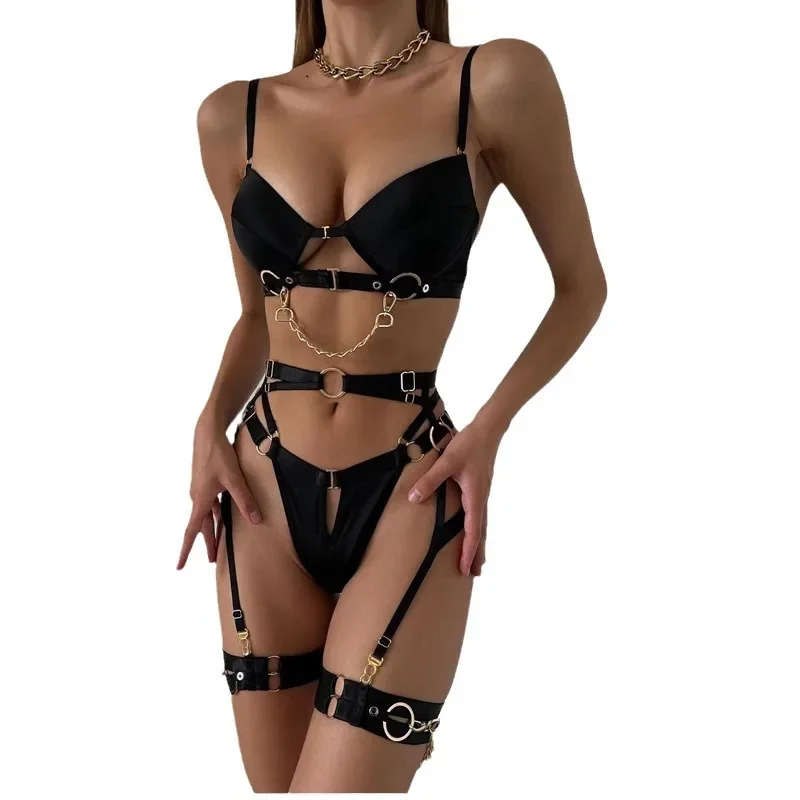 Sexy Fashion Exotic Apparel Suit with Metal Chain Motorcycle Accessories Women Solid Four Piece Set Front Open Button Underwear