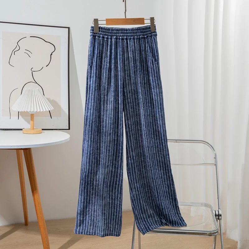 

Женские брюки из 100% тутового крепа, шелковые синие джинсы, полосатые длинные брюки с карманами и принтом, широкие брюки с эластичной резинкой на талии, офисные женские брюки QQ002