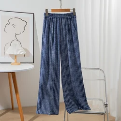 Women Pants 100% Mulberry Crepe Silk Blue Jeans Striped Printed Pocket Wide Leg Long Trousers Elastic Waist Office Lady QQ002
