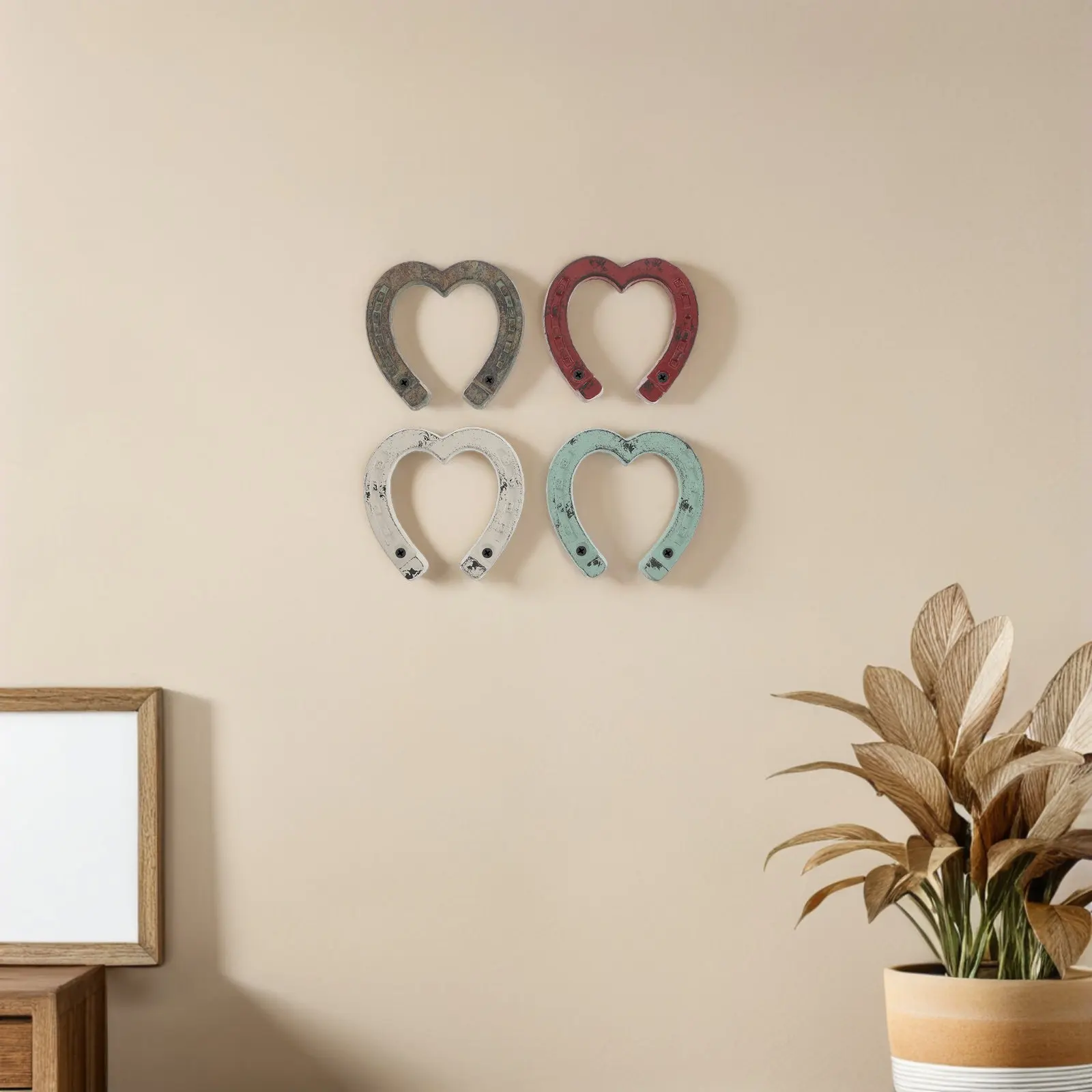 4Pcs Wrought Iron Horseshoe-Shaped Wall Decor Set Vintage Western Lucky Horseshoe Wall Art for Porch Entryway Living Room Rustic