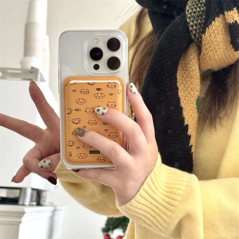Cute Cartoon PU Leather Magnetic Card Holder Phone Grip Wallet Pocket Card Slot Storage Mobile Phone Case Teen Girls Accessory view 3