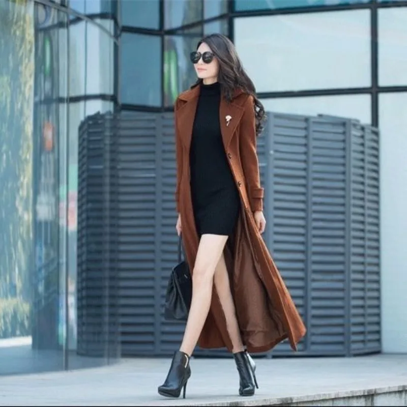 

Women Temperament Jacket Winter Female New Thickened Woolen Coat Slim Super Long Over-the-knee Jacket E12843