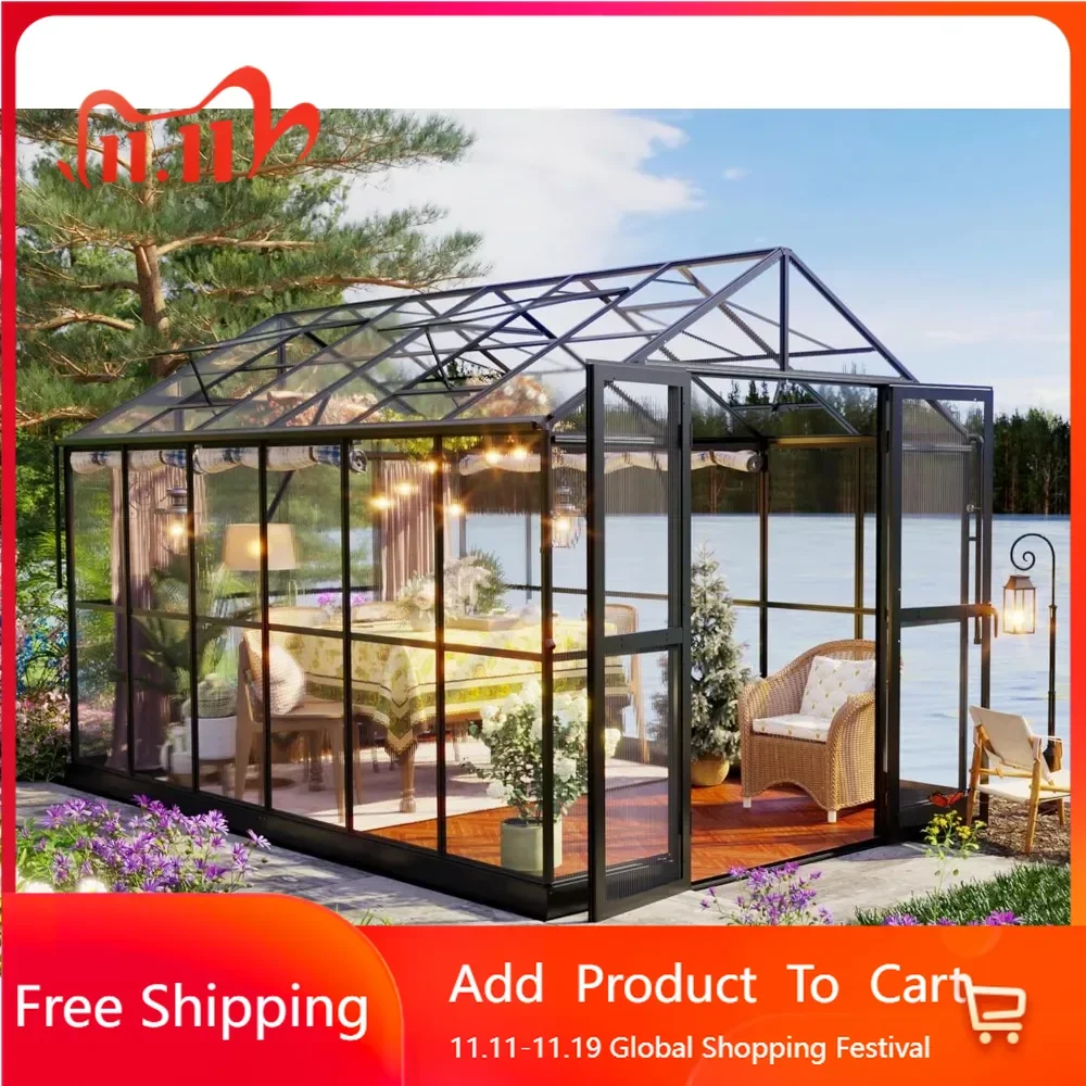 8x12x7.5 FT Greenhouse - Outdoor aluminum polycarbonate greenhouse with ventilation and rain sink, 2 hinged doors with hooks