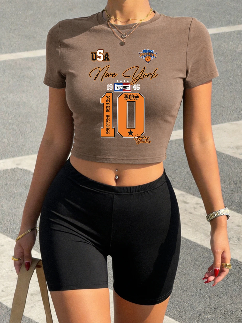 

Trend New York Brooklys Number 10 Prints Crop T-Shirts & Shorts Woman Two Pieces Set Tops Pants Soft Slim High Elastic Clothes