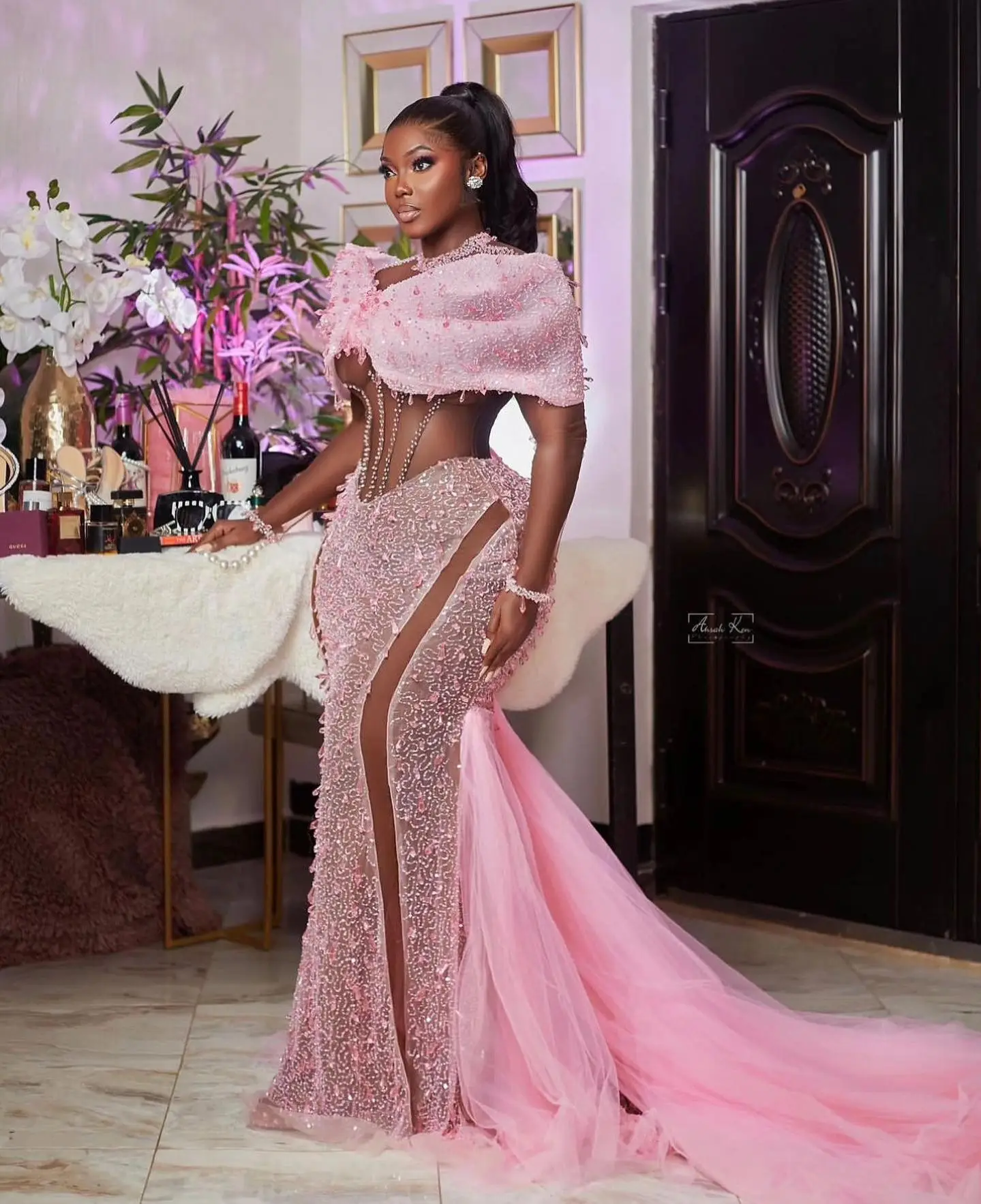 Elegant African Pink Lace Prom Dresses with Tulle Train Handmade Beaded Mermaid Aso Ebi Style Evening Dress Plus Size Party Gown