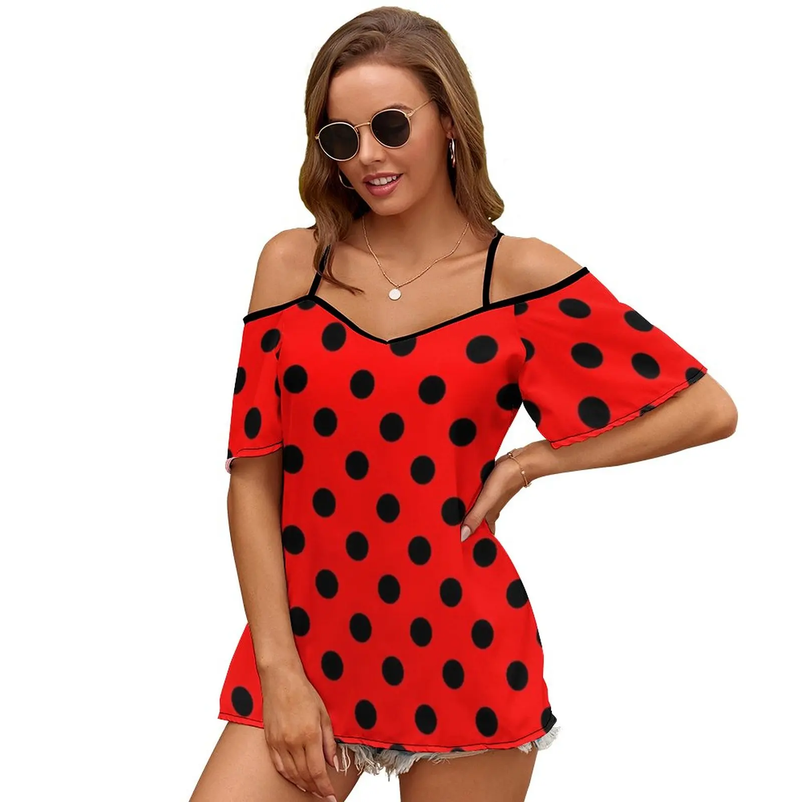 Pois rossi e neri | Modello | Halloween Outfit Women Zipper Sexy T-Shirt Vintage stampate top T-Shirt con stampa completa