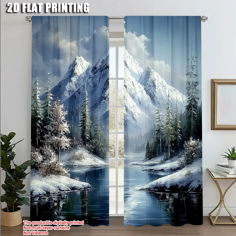 

2pcs, Curtain Popular 2D print Serene Snowy Mountain Landscape Versatile Durable Polyester (without rod) Room Decor for Living