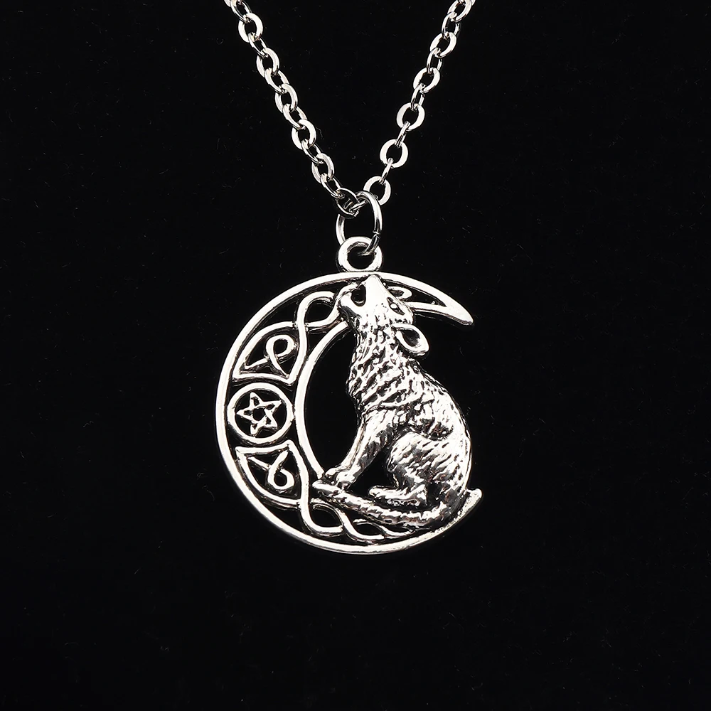 ZXZ Antique Silver Celtic Knot Nordic Viking Howling Wolf Crescent Moon Charm Pendant Chain Necklace 20