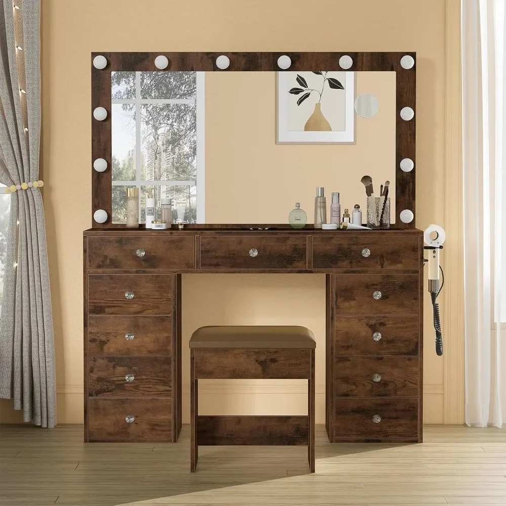 

Vanity Makeup Desk with 12 LED Lights 3 Lighting Modes, 11 Drawers Vanity Table with Chair, Dressers for Bedroom