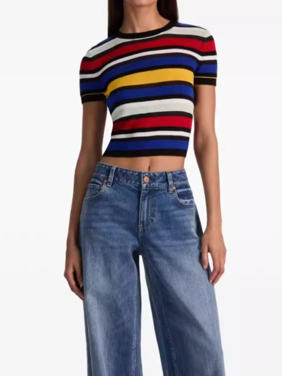 

Women Colorful Striped Knitted Pullover Round Neck Short Sleeve Fashion Slim Sweater