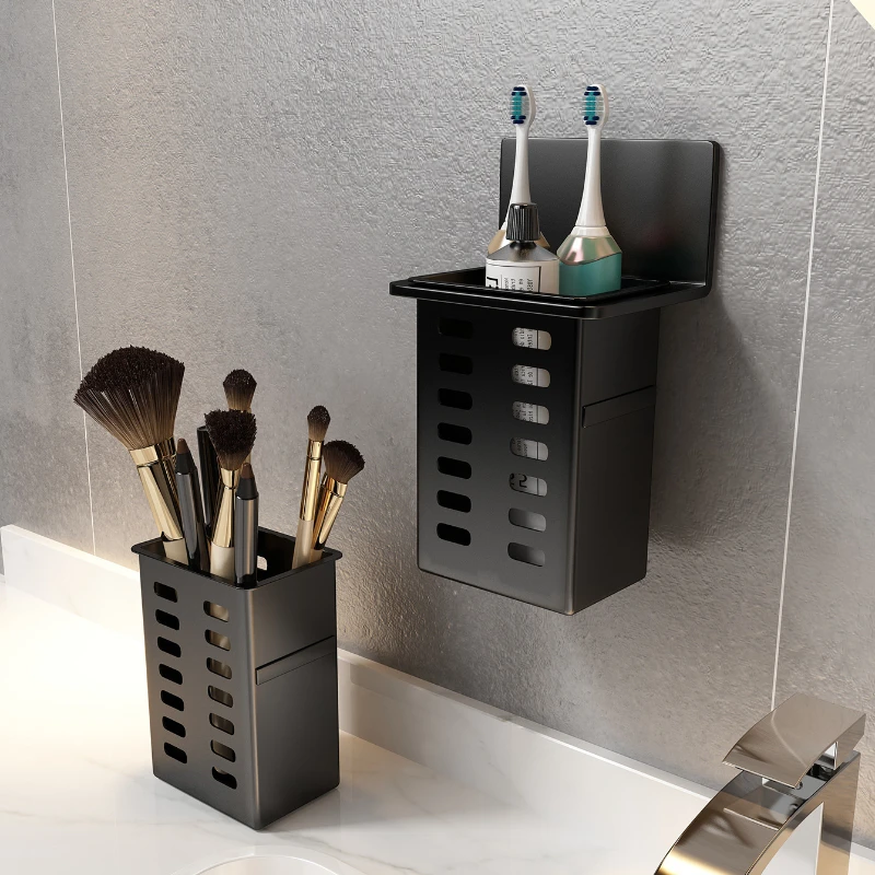 2 Stück schwarz/weißer Zahnpasta- und Zahnbürstenhalter, PP-Wand-Aufbewahrungsbox für Badezimmer, Toilettenartikel, Küche, Essstäbchen-Aufbewahrung