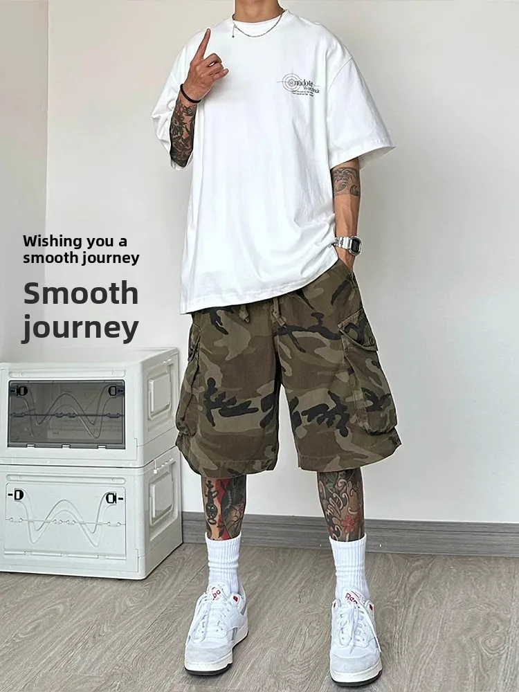 

Мужские брюки в стиле американского ретро с камуфляжным принтом, укороченные до колена, для работы и повседневной носки, в стиле Cleanfit, средней длины (пять четвертей)