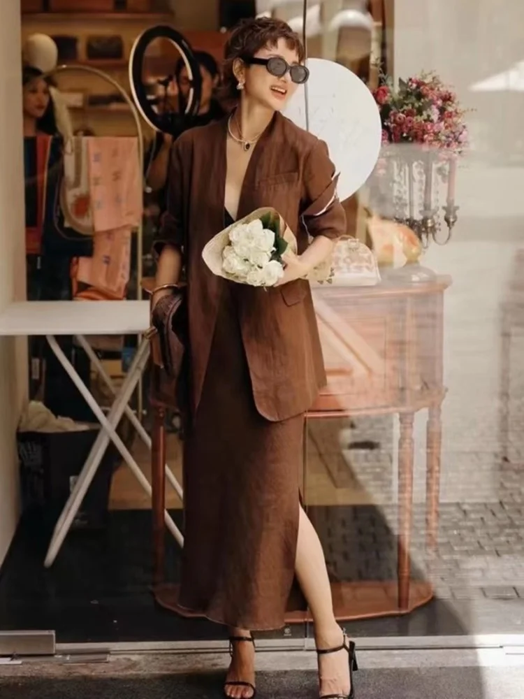 

Women's Linen Suit Set Long Sve V-Ne Commute Faion Two-Piece Set High Waist Skirt And Blouse European Sle