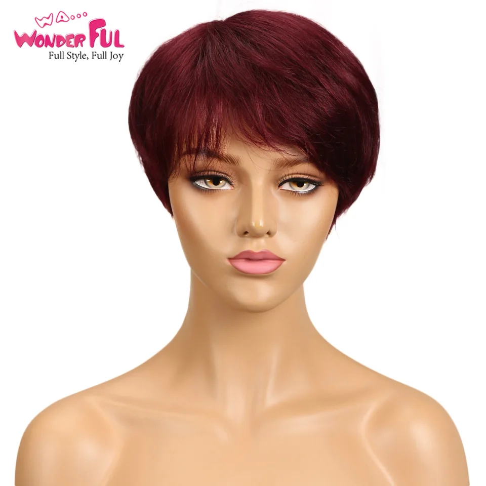 Wonderful Red Burgundy 99J Color Short Bob Pixie Cut Wig With Bangs Straight Remy Human Hair Wigs For Women Machine Made Wigs