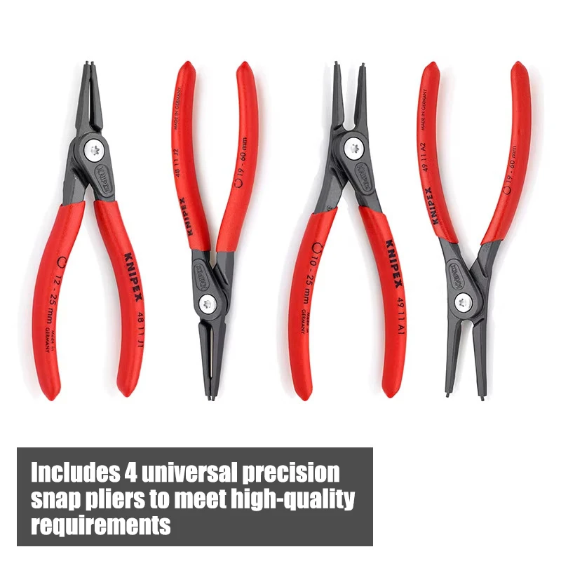 KNIPEX 4-piece set of snap spring pliers, storage tool kit for internal and external snap spring pliers holes with shaft 001956