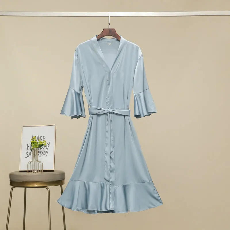 Short Ruffled Satin Bridal Night Robe Smooth Silky Women Sleepwear Elegant Home Loungewear Rest Wedding Occasions