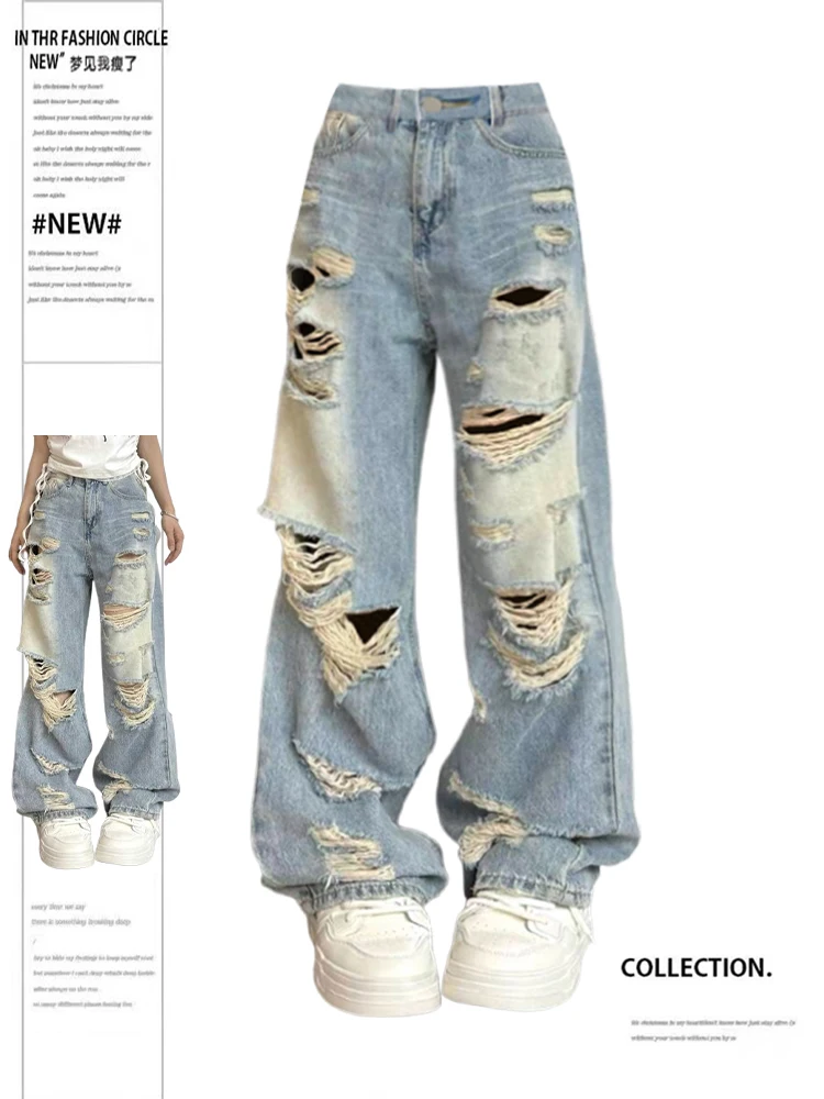 

Summer Women American Vintage Baggy Ripped Hole Jean Y2k Japanese Streetwear Damage Denim Pants Long Trousers 2000s Grunge Punk