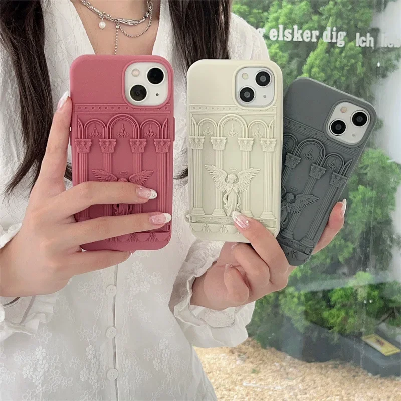 Praying Angel  Creative Plaster Statue Silicon Phone Case for iPhone 15 14 13 Pro Max Back Phone Cover for 12 11 Pro Max Capa