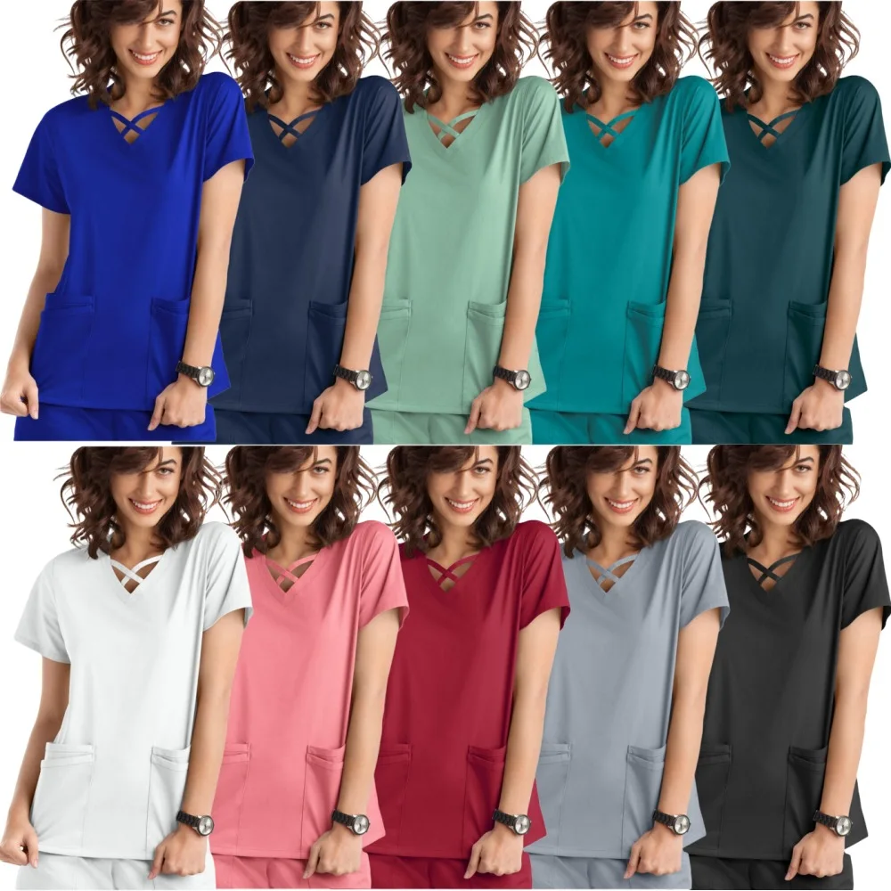 13 colori Scrubs Top donna Medical Scrub uniformi tinta unita Top pantaloni da jogging medico infermiera uniforme Lab Spa Work t-shirt