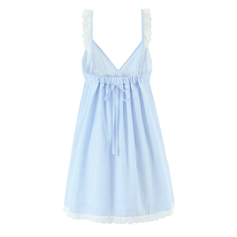 สปาเก็ตตี้เซ็กซี่ลายชุดลําลองฤดูร้อนผู้หญิงแฟชั่นBackless HighเอวVคอA-Lineชุดสั้นลูกไม้Spliced Robe