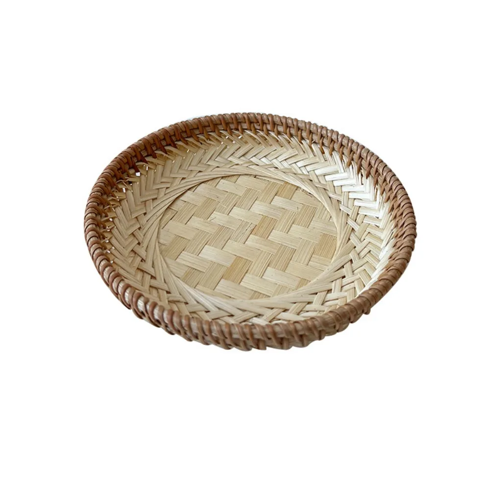 

Chinese Style Bamboo Rattan Storage Basket Handmade Round Fruit Basket Multi-Function Creative Candy Plate Dessert