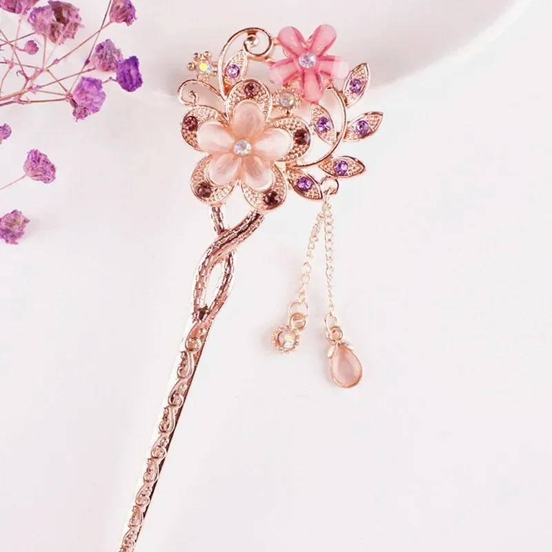 1PCS Cat Eye Stone Hair Pins Double Flower Hair Clip Classical Hairpin Barrette National Wind Headweard Hair Accessories - zdjęcie 1
