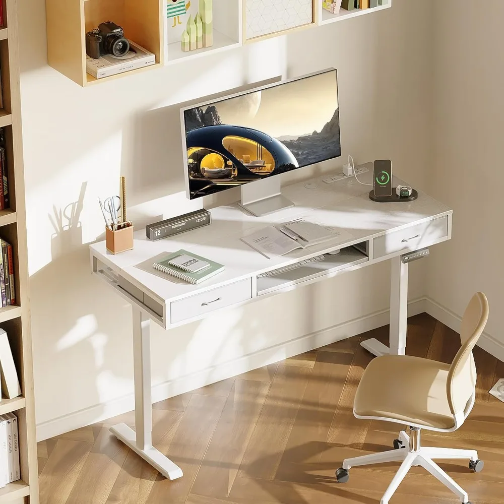 

55 Inch Electric Standing Desk with Drawers & Keyboard Tray, Height Adjustable Desk with Power Outlets, Writing Computer Desk