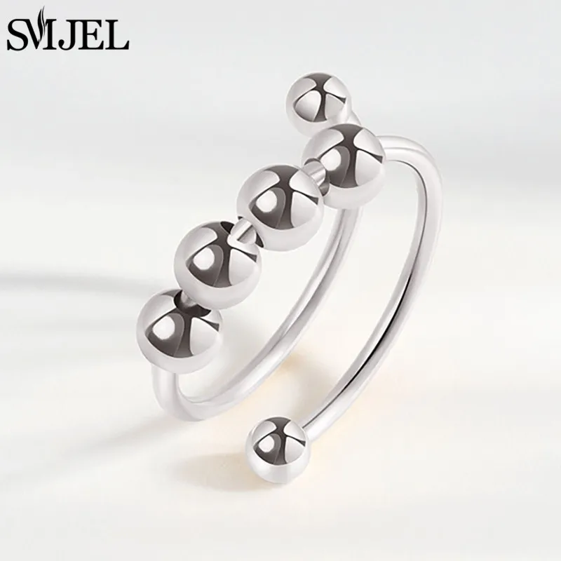 Anillos de cuentas de bolas de Metal para ansiedad para mujer, Spinner abierto, anillo de dedo ajustable, regalos de joyería antiestrés giratorios libremente