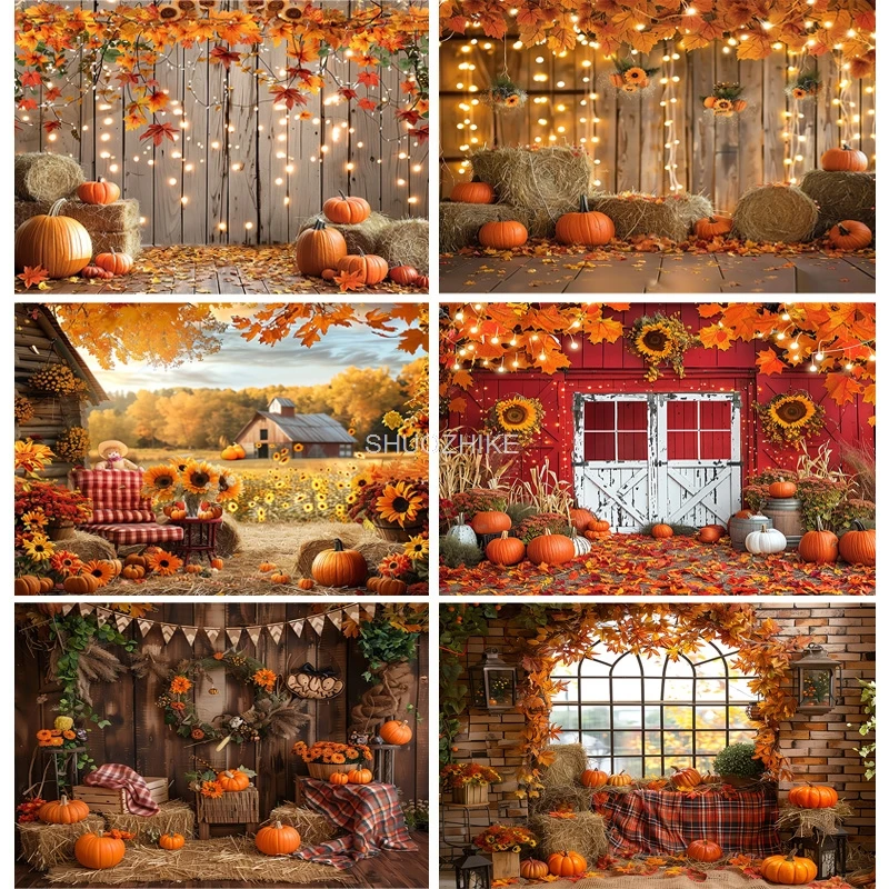 

Autumnal Pumpkins Farm Photography Backdrops Props Halloween Fall Field Maple Leaf Scarecrow Fence Photo Studio Background FM-03