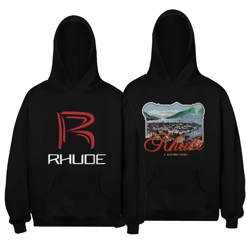 

American Style High Quality Black Casual Loose Rhude Hoodie Men Women Letter Pattern Printed Hooded Sweatshirt