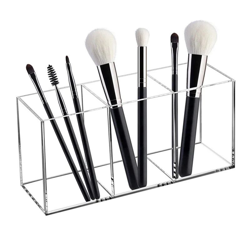 Pen Holder Acrylic Brush Makeup Storage Box Countertop Container Desktop Clear Divided Desk 1-3 Compartment Organizer Case