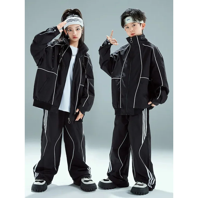 

Boys Hip Hop Black Baseball Coat Street Dance Baggy Pants Girls Loose Jacket Kids Jazz Sport Clothes Sets Children Streetwear