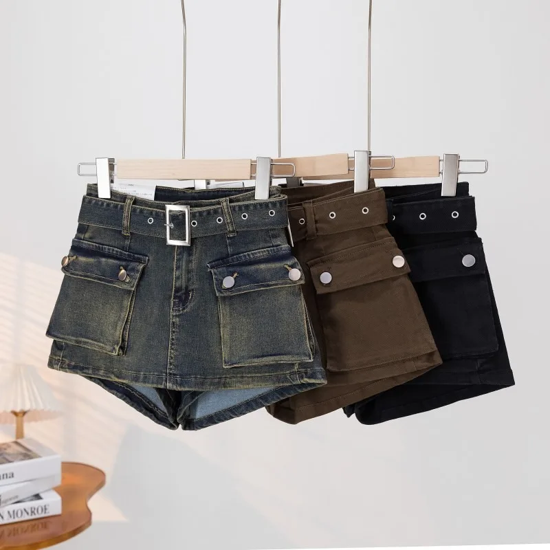 American Retro Hot Girl Denim Shorts Workwear Style Culottes Female High Waist Slimming Versatile Denim Shorts Women Exquisite