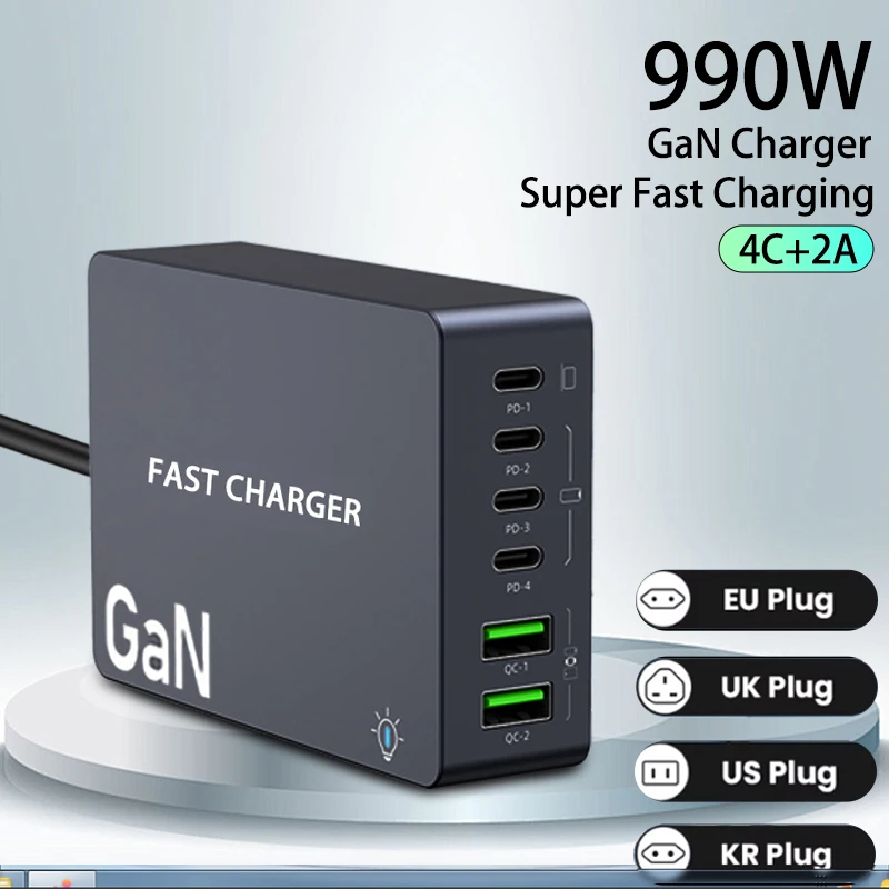 AU/BR/EU/KR/US/UK Plug Multi Port Socket Adapter 6 Port GaN Charger USB C For Smartphone Tablet Laptop 100W PPS Quick Charging