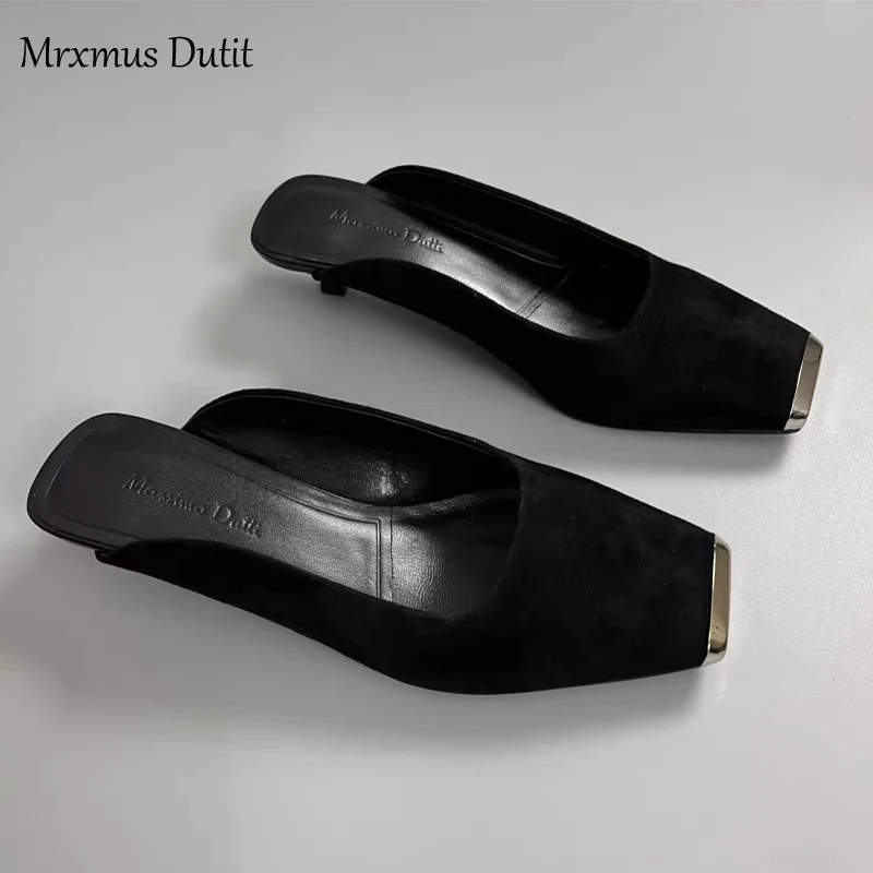 Mrxmus Dutit 2023 Summer Fashion New Women Thin Mid-heel Square Head Slippers Splicing Solid Simple Casual Shoes Female Chic