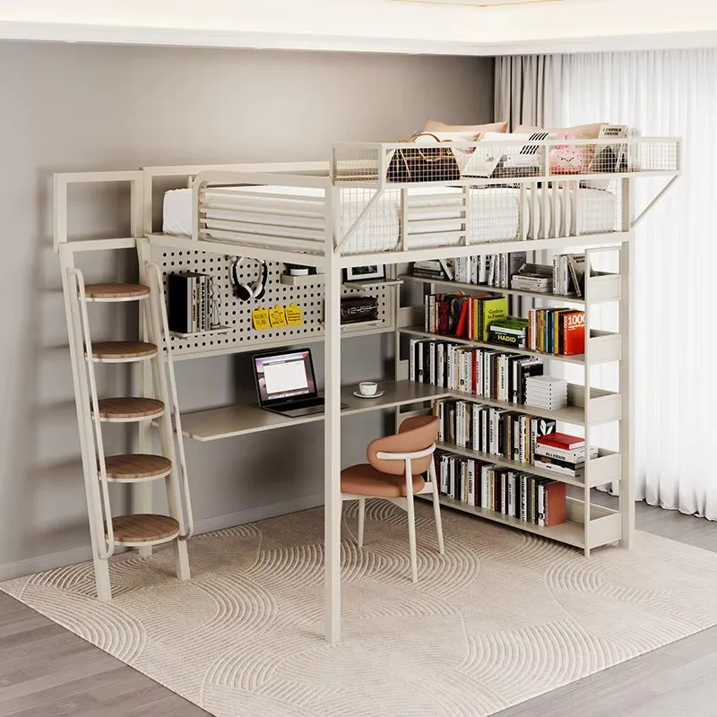 Hanging Loft Elevated Storage Bed With Bookshelf, Minimalist Household Bed For Small Apartment B&B Bedroom Home Furniture